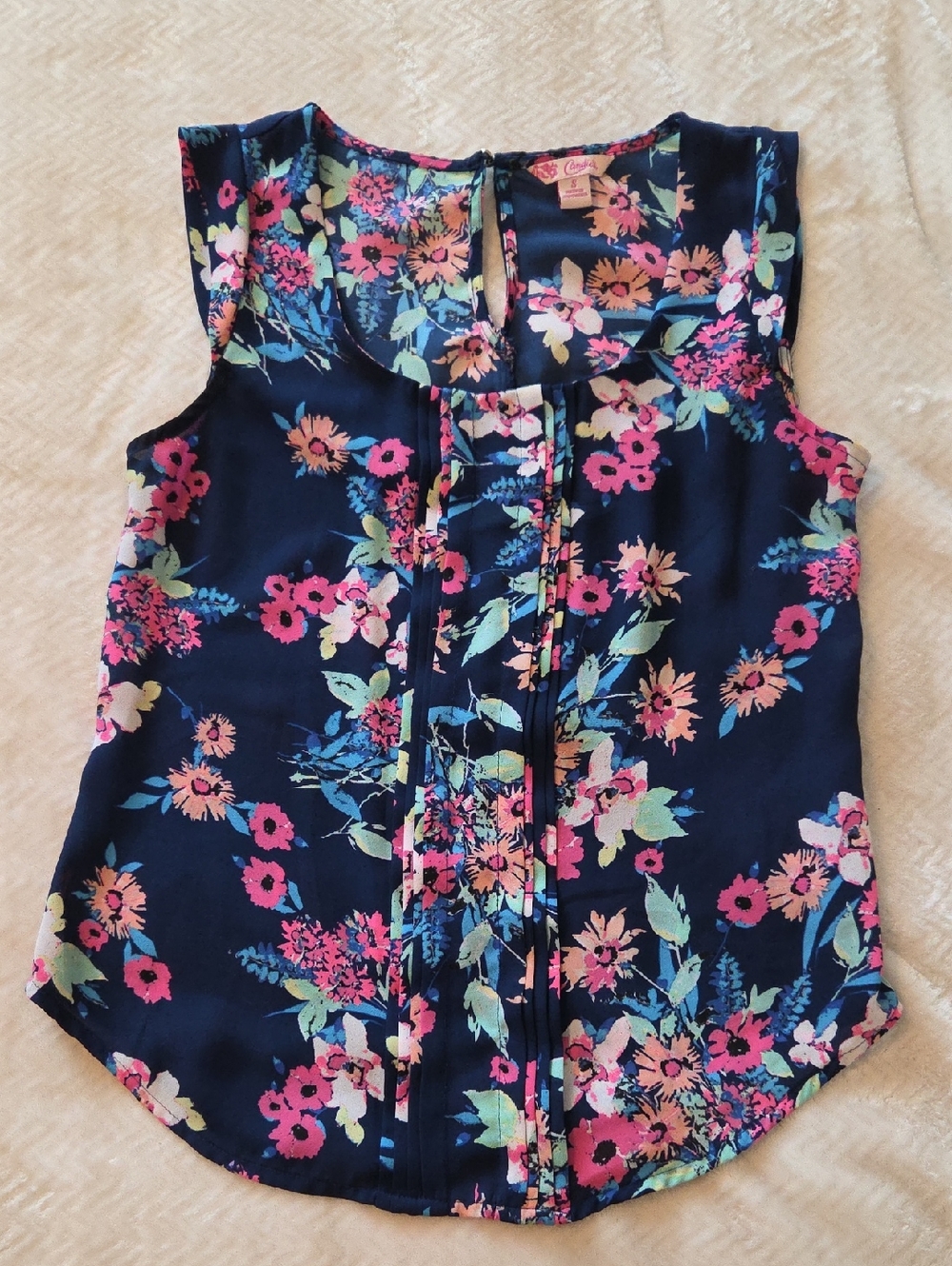 Candie's Floral Pleated Navy Sleeveless Work Blouse Size Small